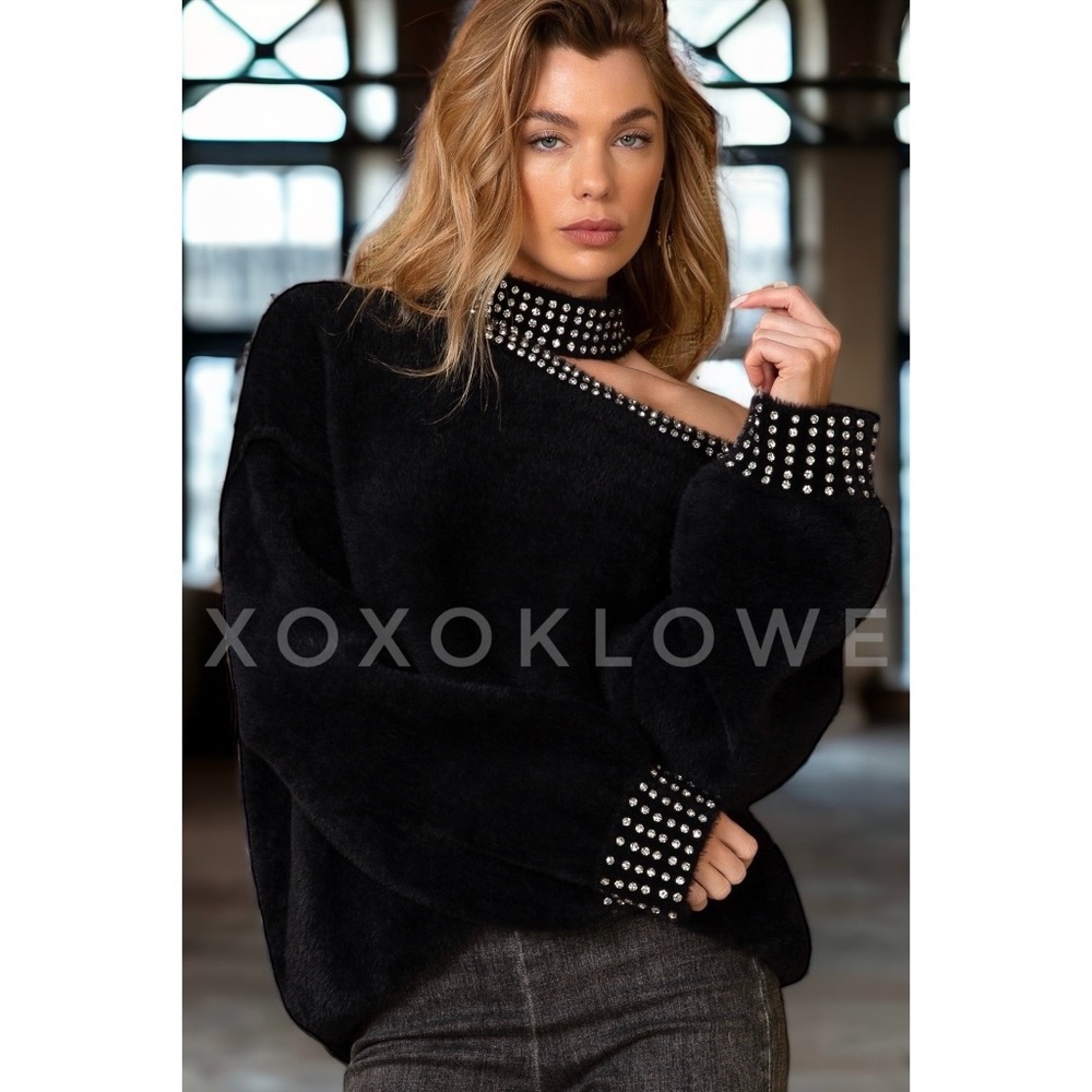 LAST ONE POL Black Faux Mohair & Rhinestone Cutout Halter Neck Sweater - Picture 9 of 10